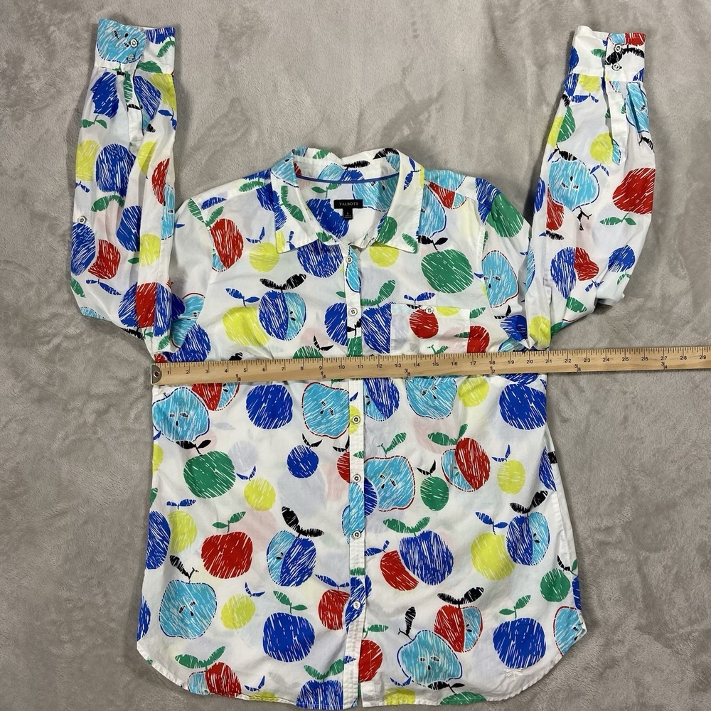 TALBOTS Cotton Long Sleeve Button Up Apple Print Women L 1st Day of School Teach - Picture 4 of 6